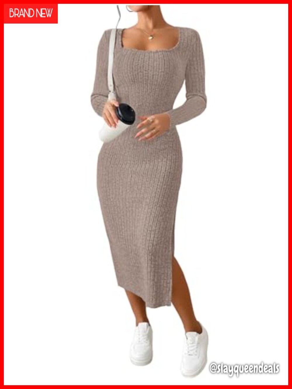 Women's Square Neck Knit Midi Dress Long Sleeve Slit Bodycon Casual